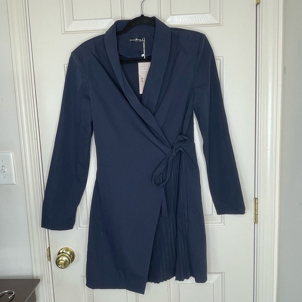 Emery Rose Navy Blue Wrap Dress Long Sleeve Pleated Detail | M